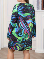  Abstract Print Long Sleeve V Neck Tee Dress
