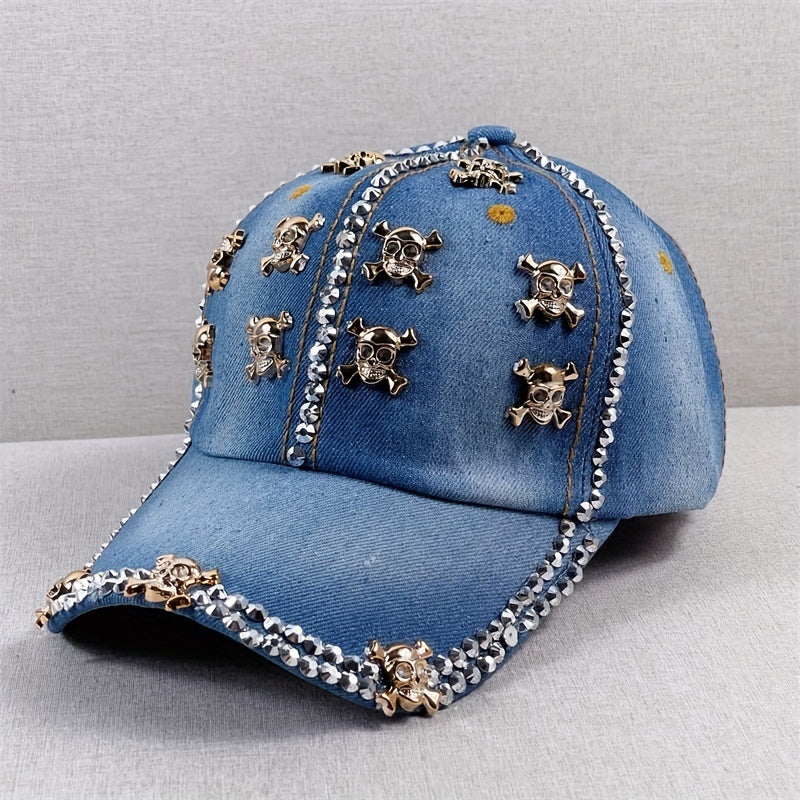 Skull Rivet Decor Baseball Cap Y2K Washed Denim Sun Hat Casual Dad Hats