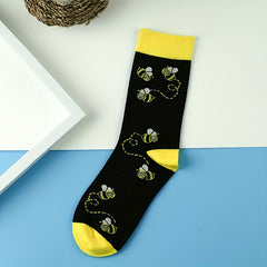 2 Pairs Cartoon Bees Print Socks Comfy Mid Tube Socks Women Stockings