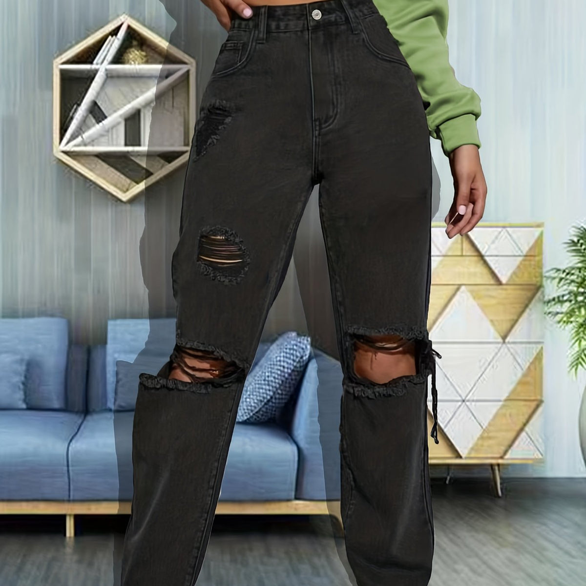 Ripped Knee Cut High Rise Loose Denim Jeans