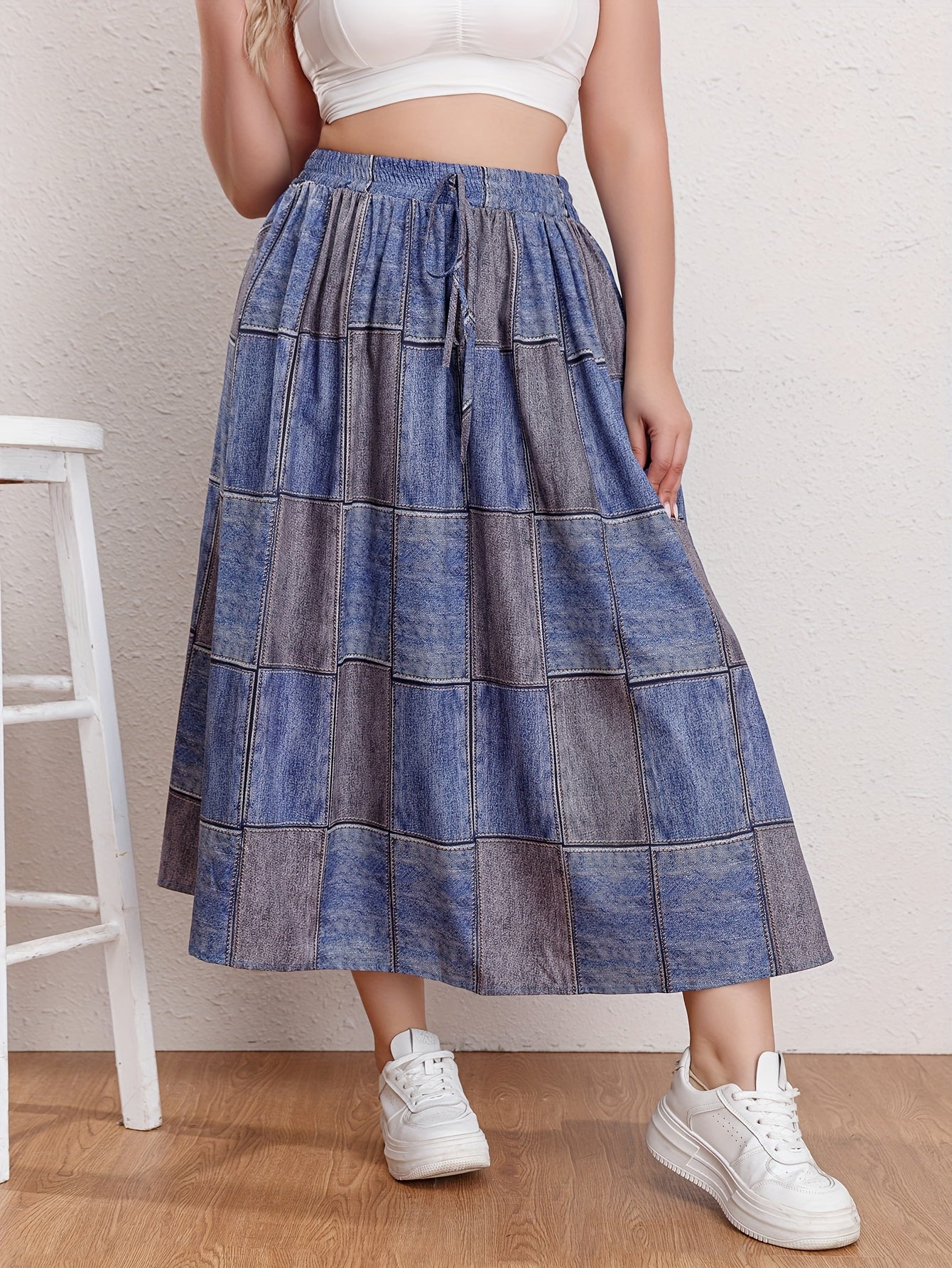  Colorblock Drawstring Maxi Skirt