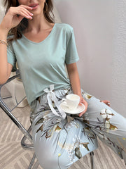 Floral Print Lounge Set V-Neck Top & Elastic Waist Pants