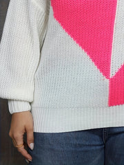  Colorblock Heart Print Round Neck Sweater