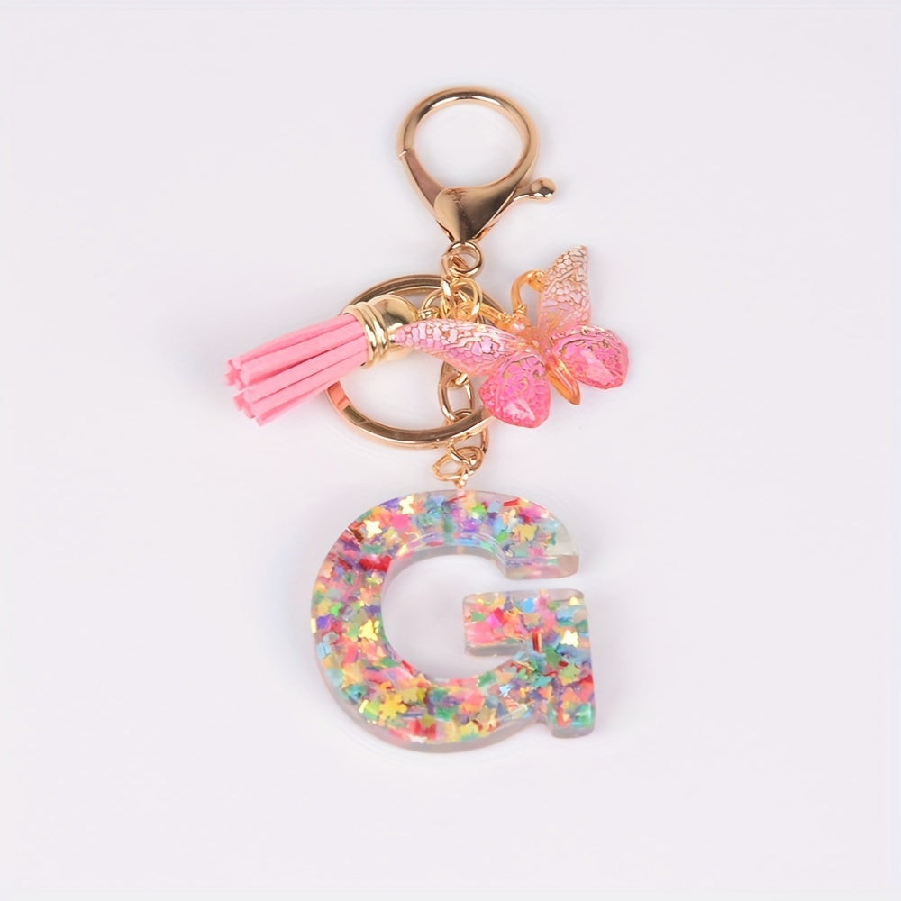 Resin Initial Letter Keychain Butterfly Pendant Glitter Animal Key Ring
