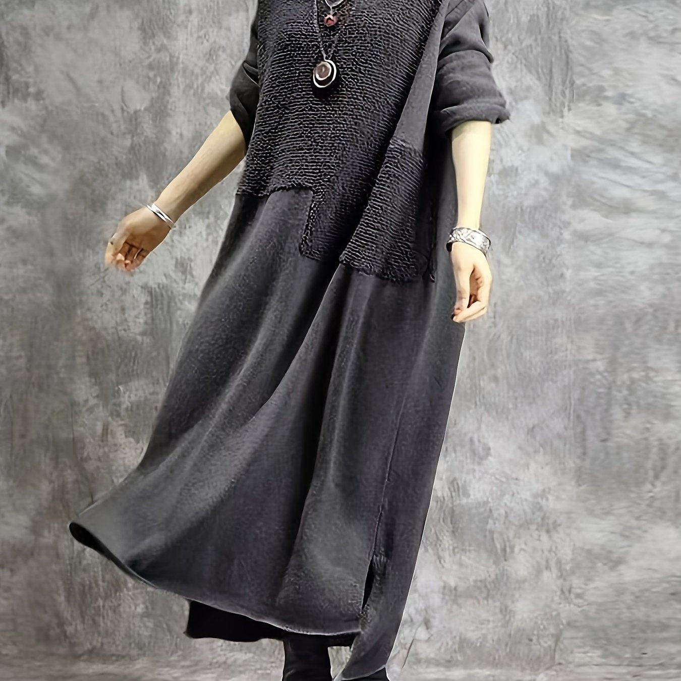  Solid Fleece Long Sleeve Maxi Dress