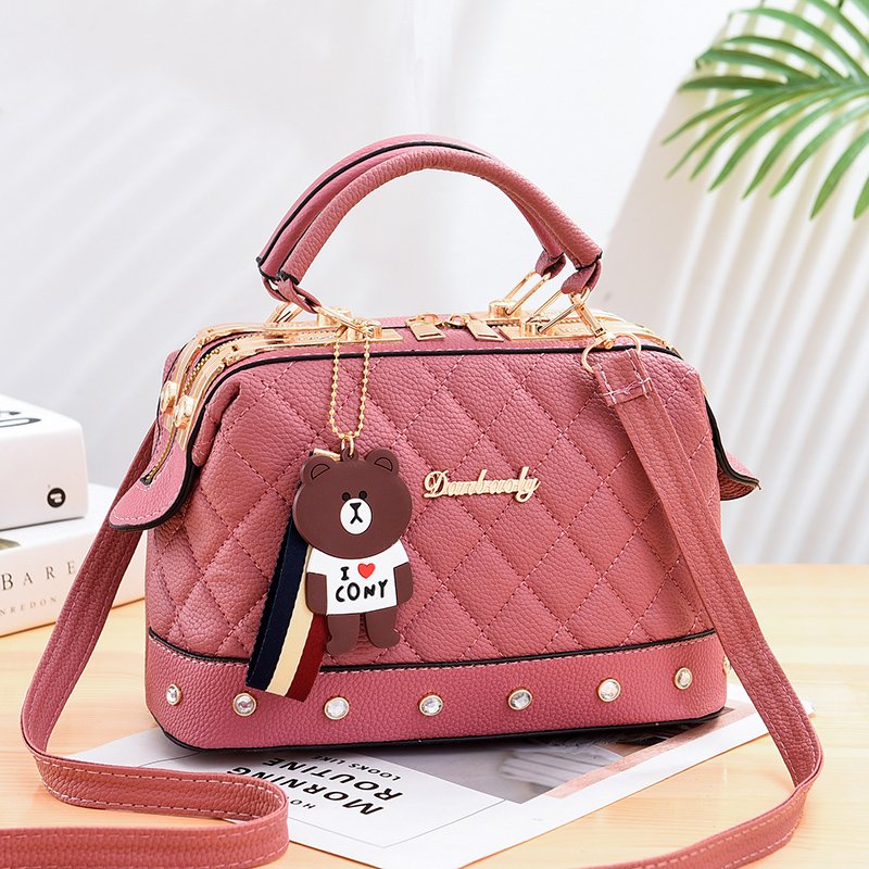 Argyle Quilted Top Handle Bag Rhinestones Zipper Crossbody Bag