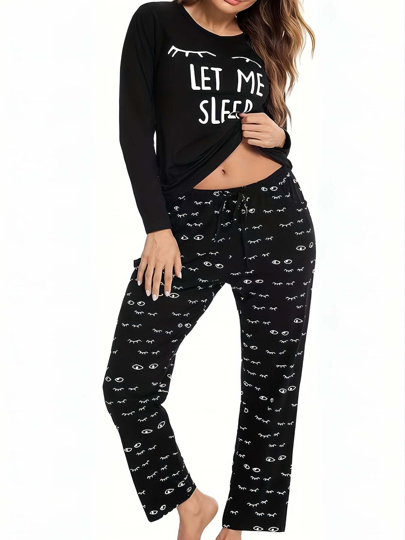 Eyelash Print Pajama Set Long Sleeve Top & Pants Women's Sleepwear