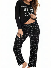 Eyelash Print Pajama Set Long Sleeve Top & Pants Women's Sleepwear
