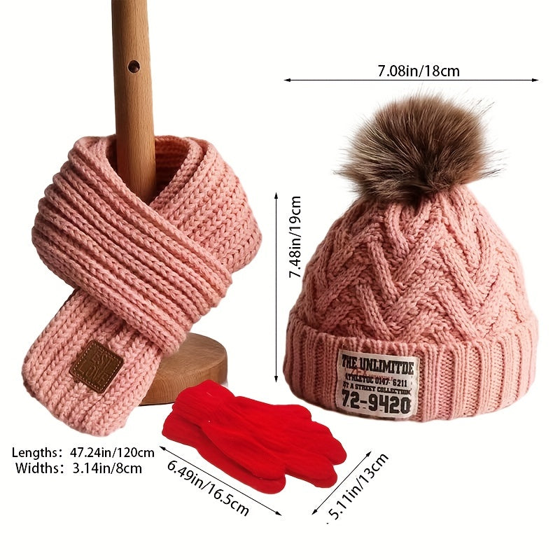 Kids 3pcs Set Plus Velvet Knitted Hat Scarf Gloves