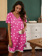 Heart Print NightDress Lace Trim Pajama Dress Women's Sleepwear