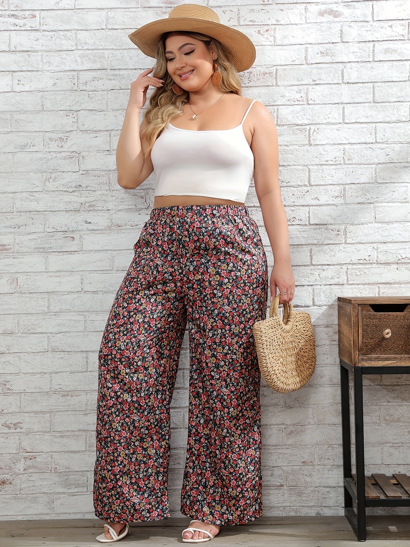  Floral Print High Rise Wide Leg Trousers