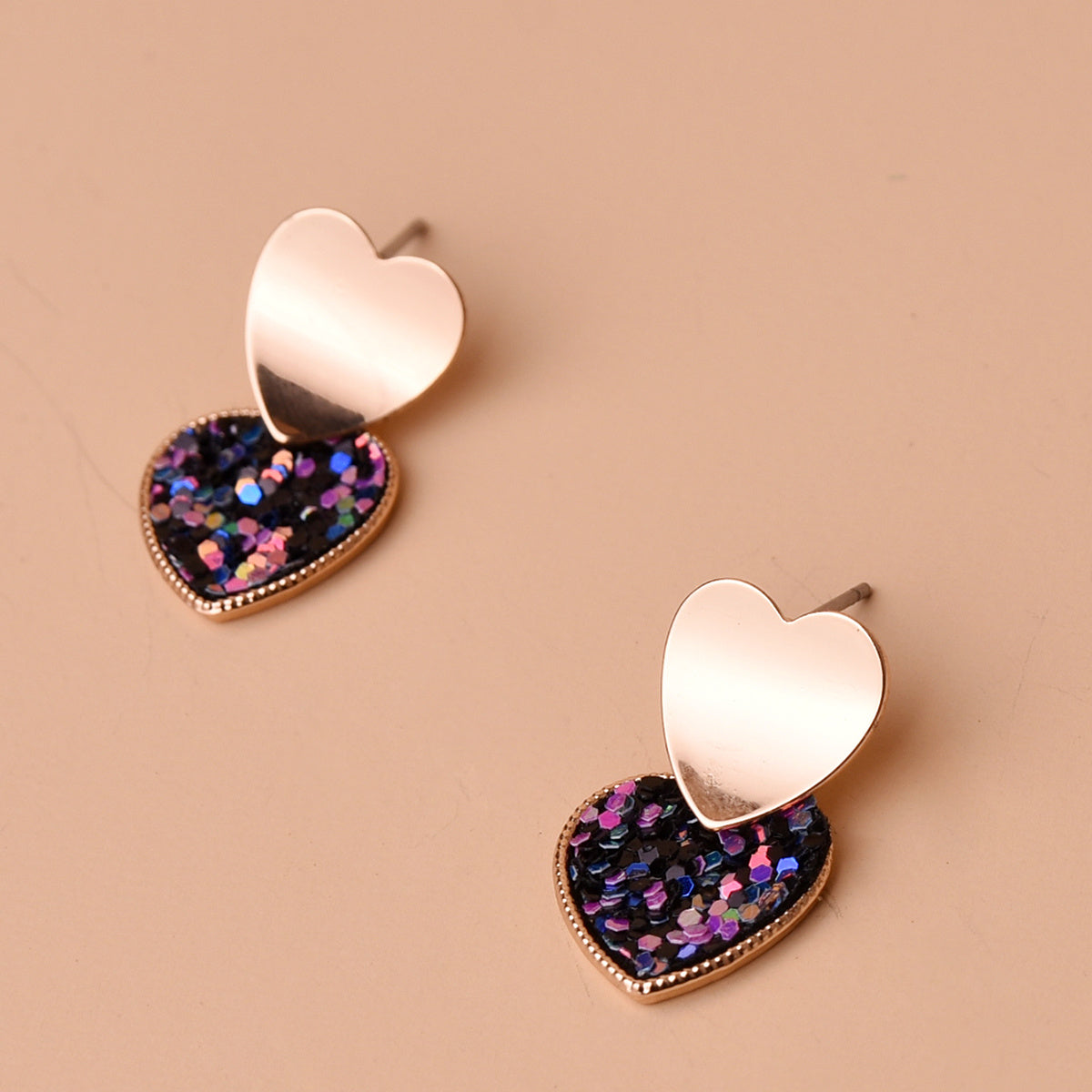 Double Heart Sequins Dangle Earrings 14K Plated Jewelry