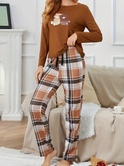 Bear Print Pajama Set Long Sleeve Top & Plaid Pants