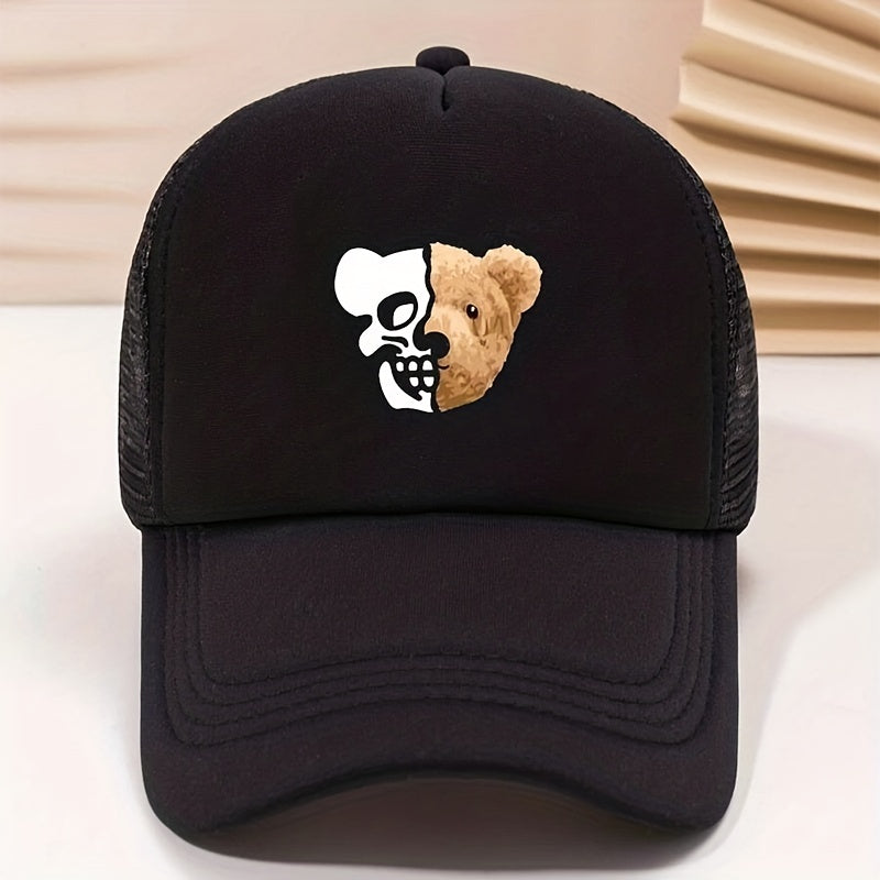 Skull Bear Print Trucker Hat Hip Hop Mesh Baseball Cap