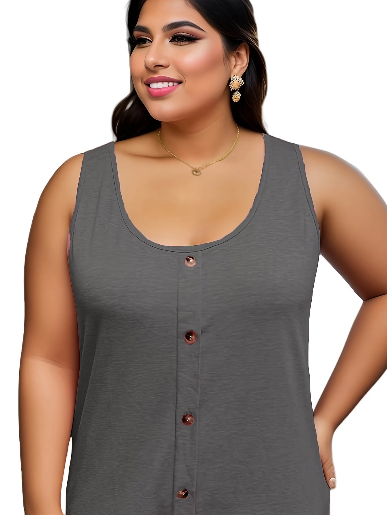  Casual Tank Top Women's Plus Solid Button Decor Round Neck Tank Top