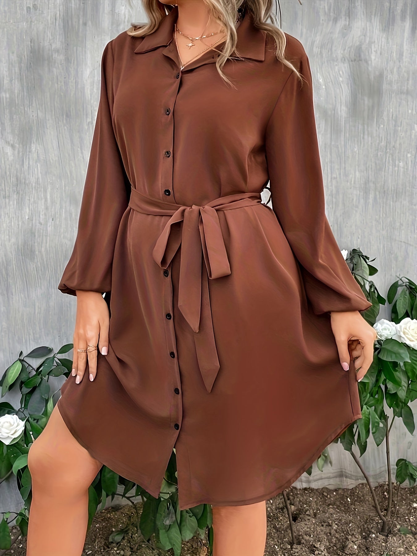  Solid Long Sleeve Button Up Shirt Dress