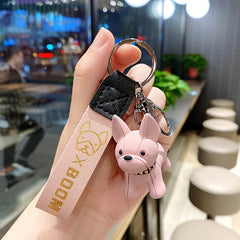 Bulldog Keychain Punk PU Leather Strap Dog Keychain Car Pendant Couple Bag