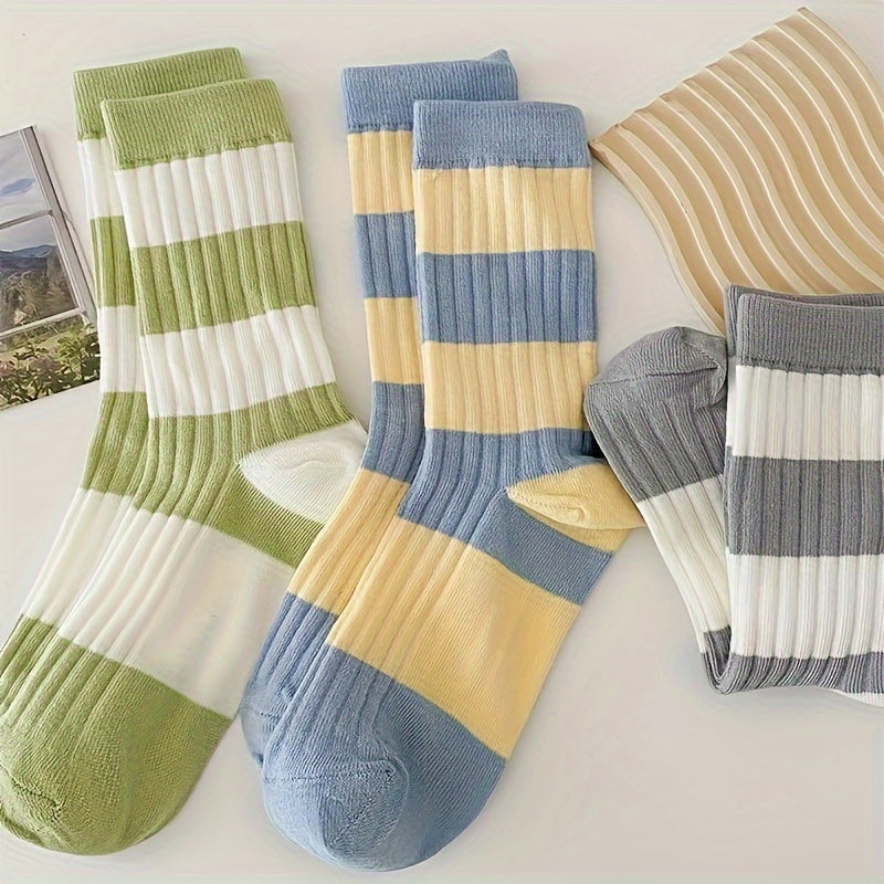 3 Pairs Striped Crew Socks Soft Mid Tube Stockings