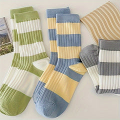3 Pairs Striped Crew Socks Soft Mid Tube Stockings