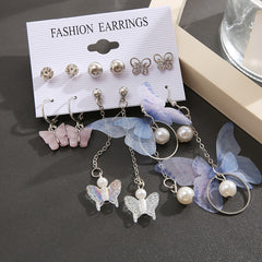 6 Pairs Butterfly Pearl Earrings Set