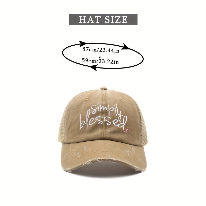 Blessed Ponytail Trucker Hat Embroidered Ripped Washed Distressed Baseball Cap