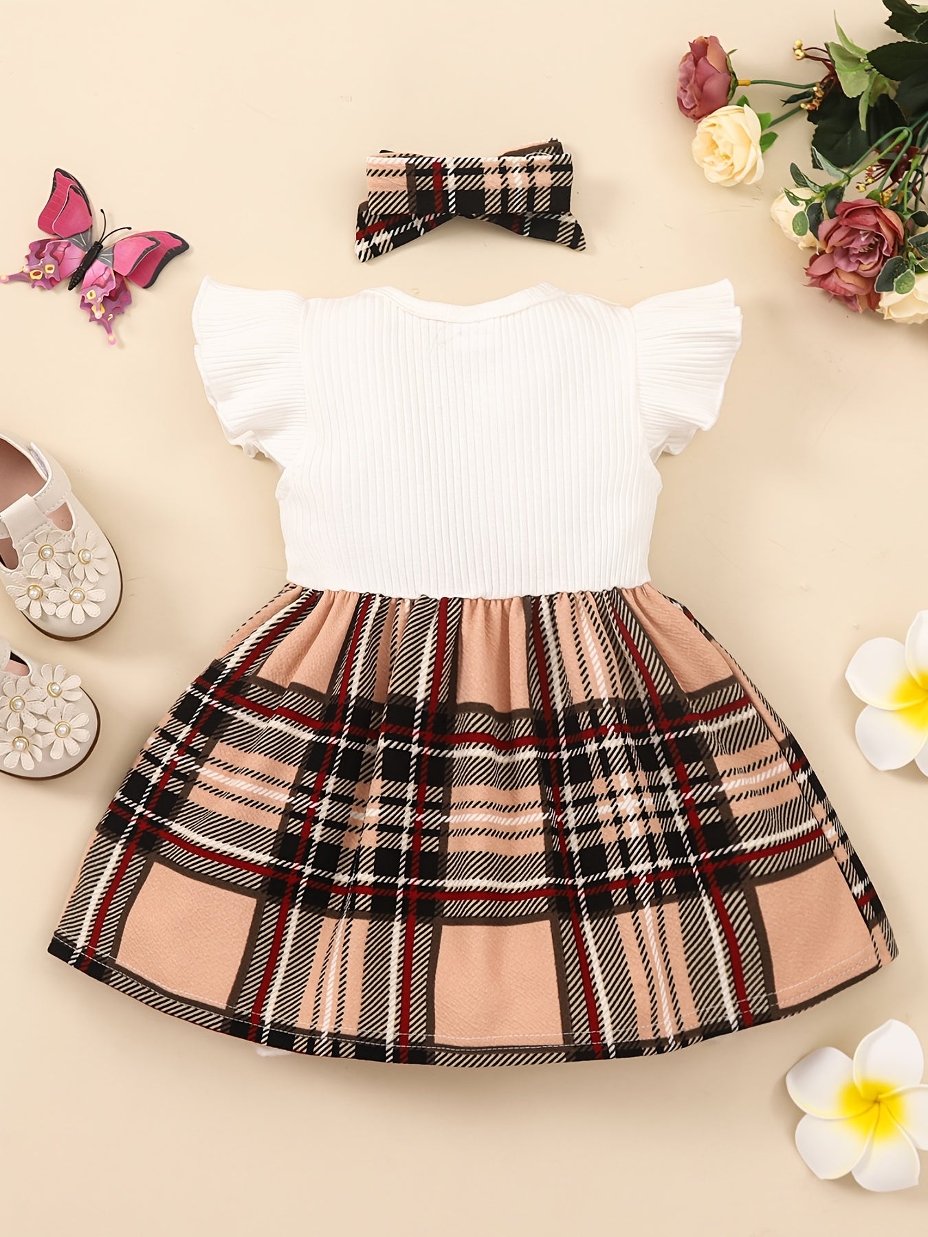 2pcs Baby Girls Splicing Suspender Dress Bow Plaid Dress Set