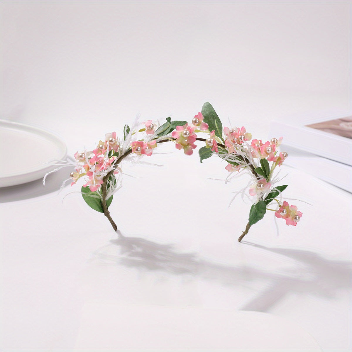 Faux Ostrich Decor Wreath Floral Tiara Headband for Wedding Party Girls