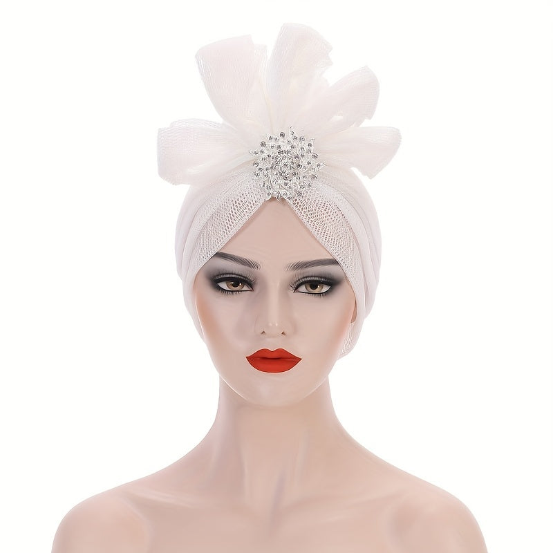 Mesh Flower Turban Cap Solid Pleated Head Wraps Elastic Bonnet