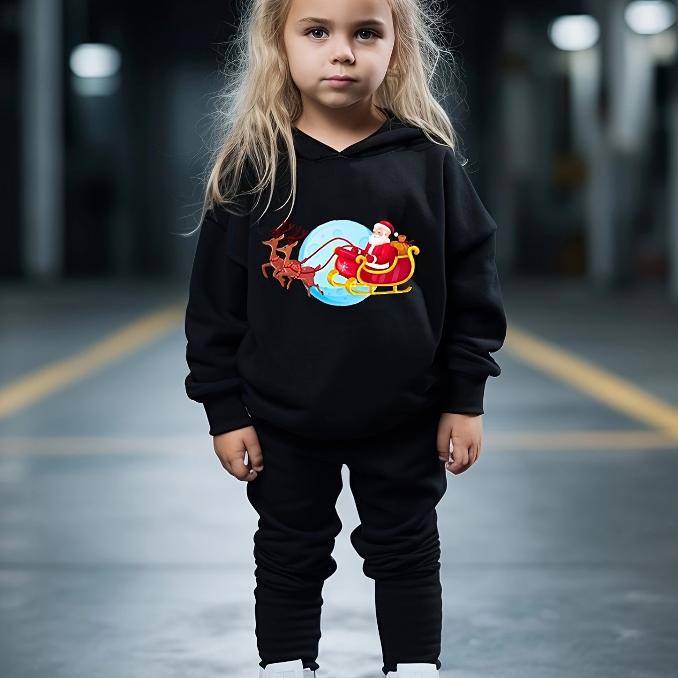 Girls Cartoon Santa Claus Hoodie Sweatshirt & Sweatpants Set
