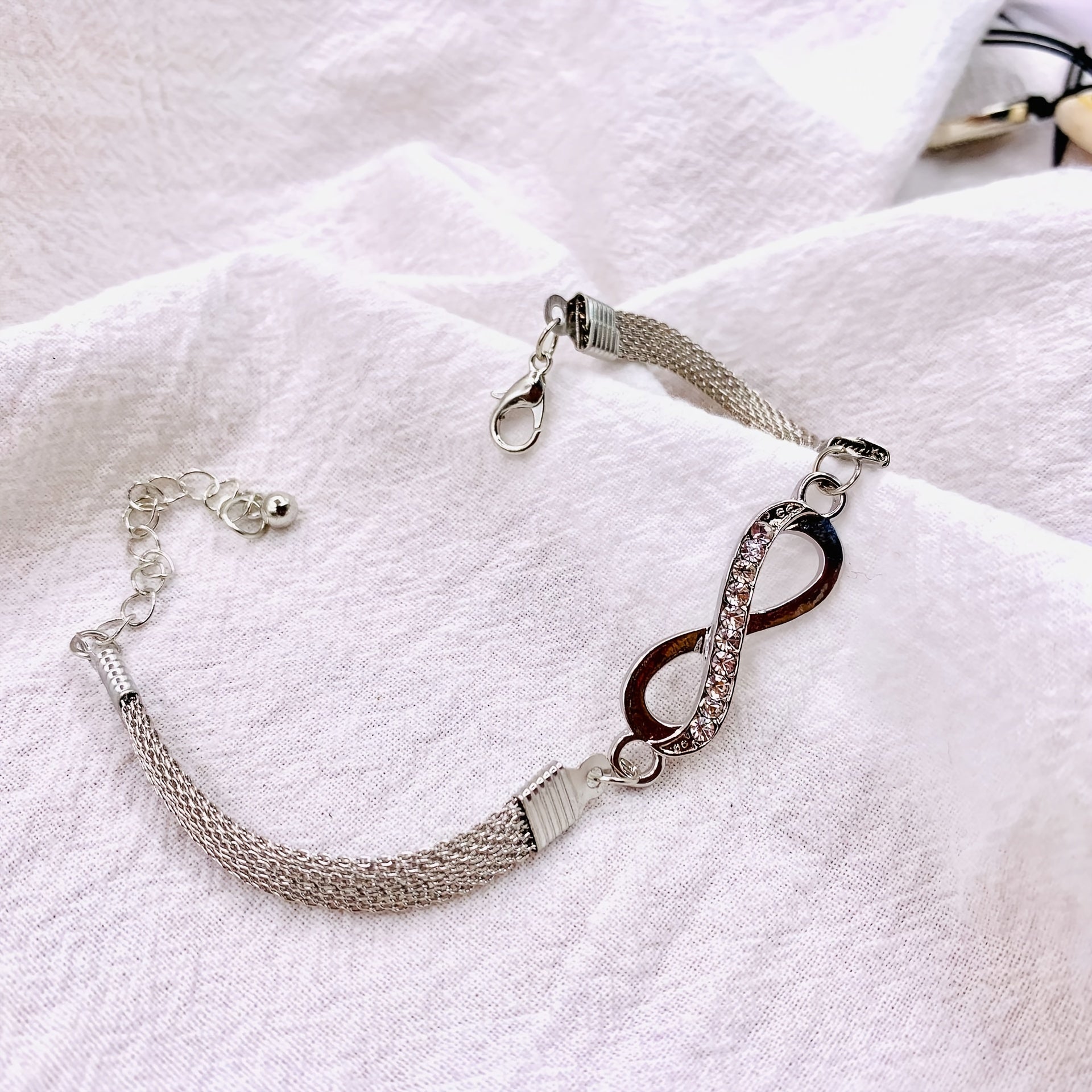 Silver Rhinestone Infinite Bracelet 8 Number Cross Pendant Charm Bangle