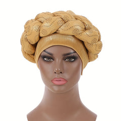 Golden Twist Braided Turban Cap Rhinestone Decor Head Wrap Hijab Hats
