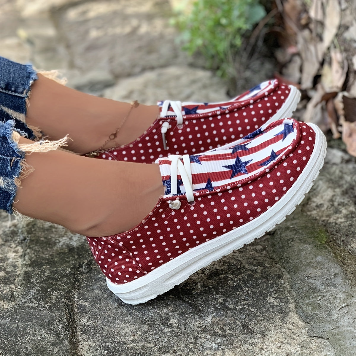 Women's Star & Striped Print Canvas Shoes Casual Lace Up Outdoor Sneakers