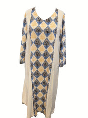  Modest Abaya Dress Contrast Argyle & Leaf Print Maxi