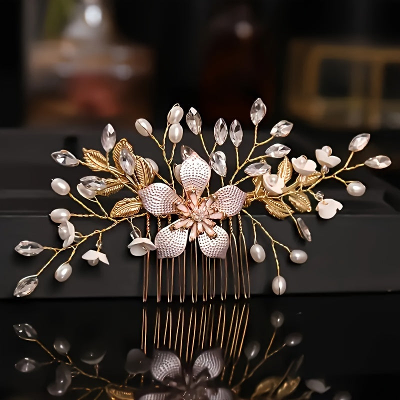Bride Wedding Hair Comb Faux Pearl Bridal Side Comb Rhinestone Flower