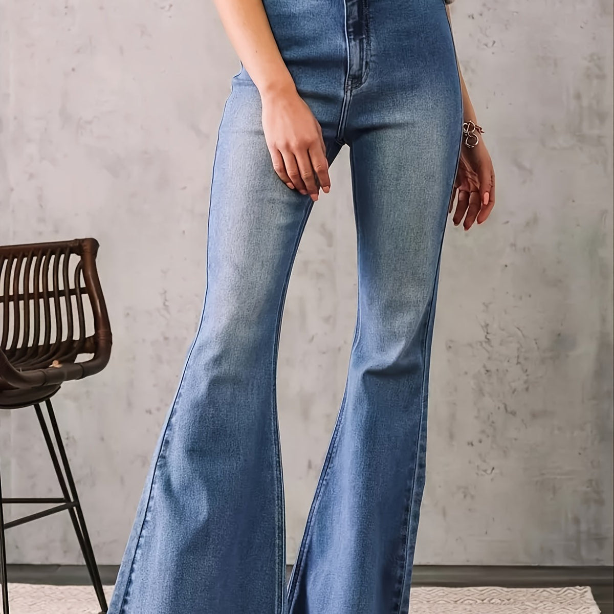 Women's High Waist Flare Leg Pants Stretch Denim Retro Solid Flared Jeans