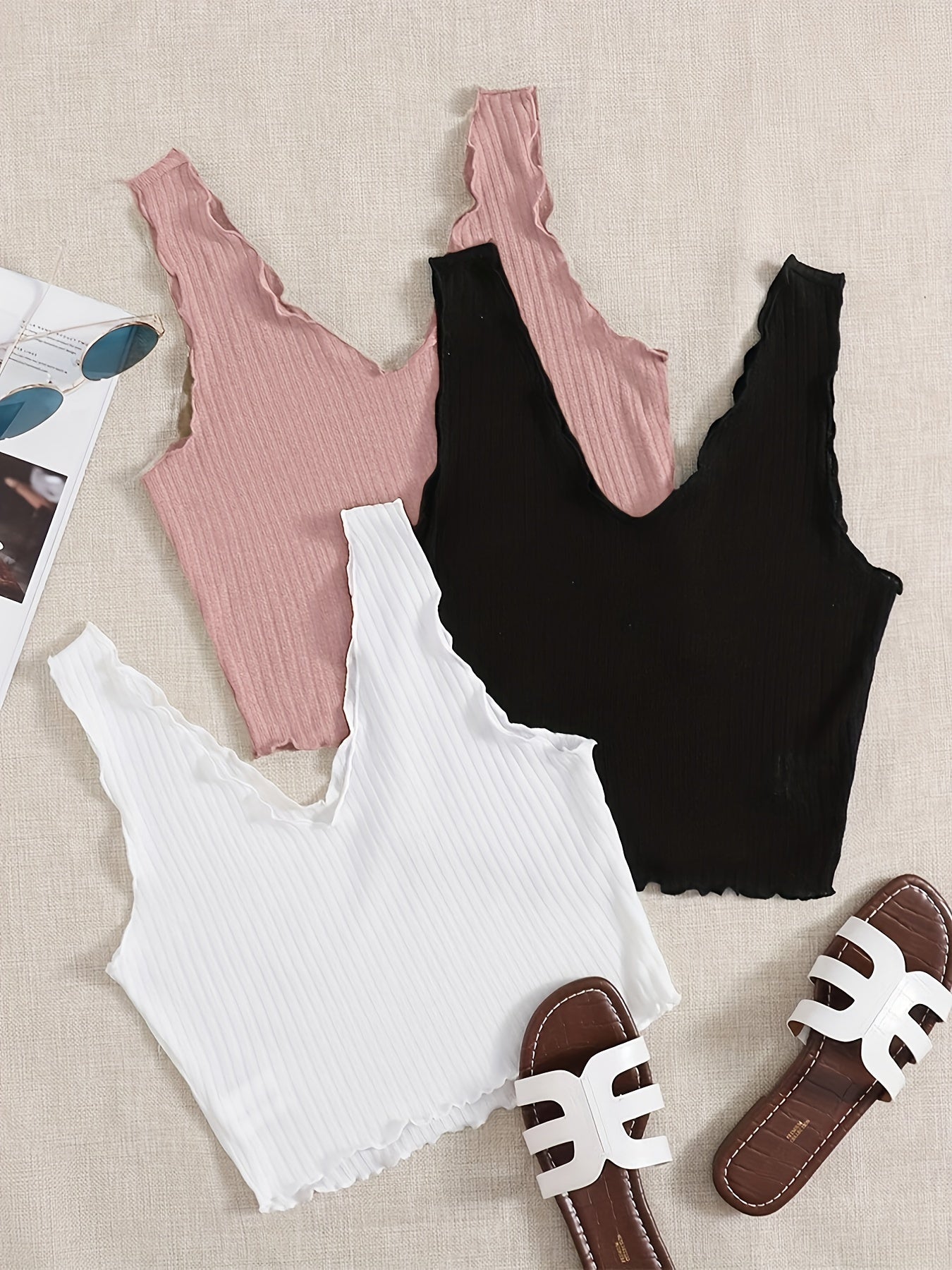 Ruffle Trim Tank Top Set Casual Summer Sleeveless Women's Clothing