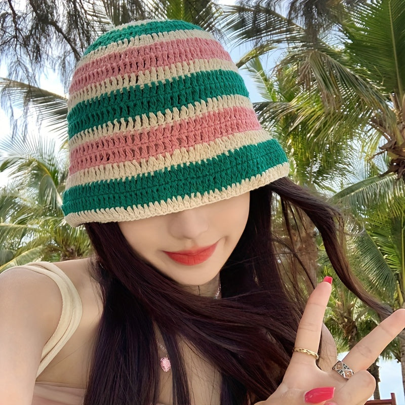 Rainbow Striped Crochet Bucket Hat Y2K Block Hollow Out Knit Hat