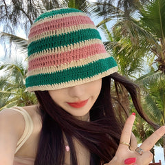 Rainbow Striped Crochet Bucket Hat Y2K Block Hollow Out Knit Hat