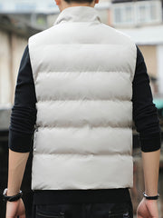 Men's Sleeveless Cotton Padded Jacket Winter Stand Collar Faux Down Zip Vest