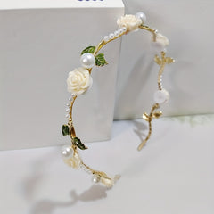 Retro Flower Faux Pearl Headband Metal Headdress Skinny Head Hoop