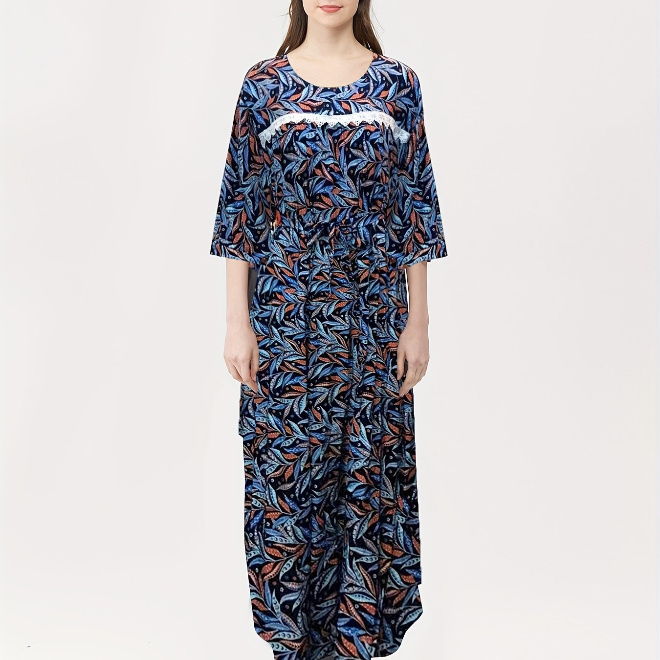  Tropical Print Boho Kaftan Maxi Dress