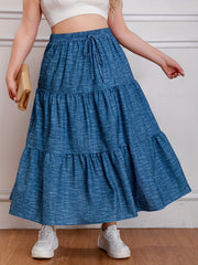  Denim Print Drawstring Elastic High Rise Maxi Skirt