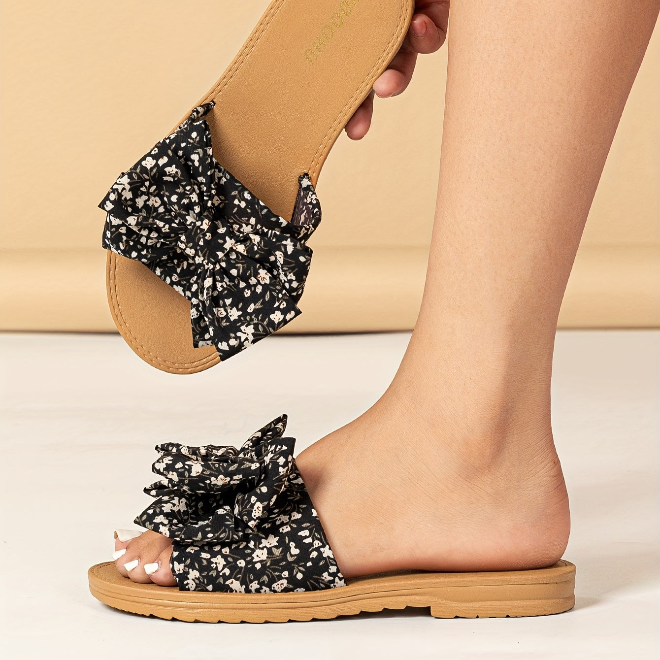 Flower Print Bowknot Decor Casual Slides PVC Flat Sandals