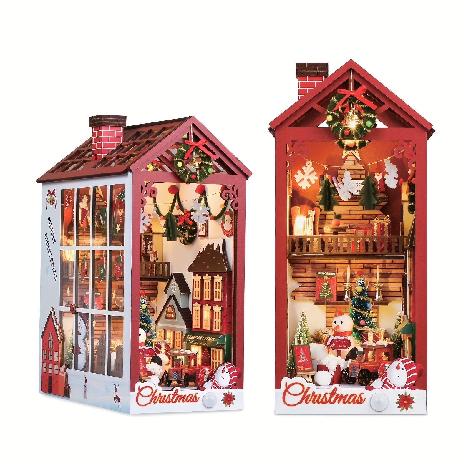 DIY 3D Wooden Puzzle LED Christmas House Booknook Bookshelf Decor