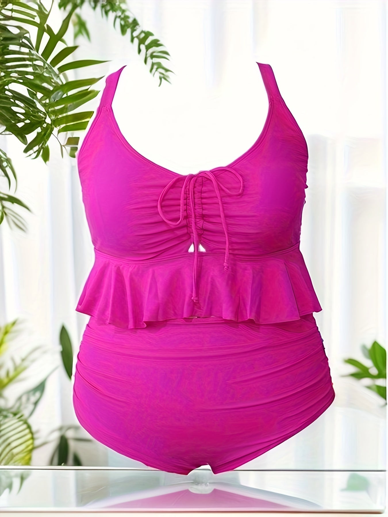  Lace Ruffle Trim Crop Cami Top & Panty Swimsuit Set