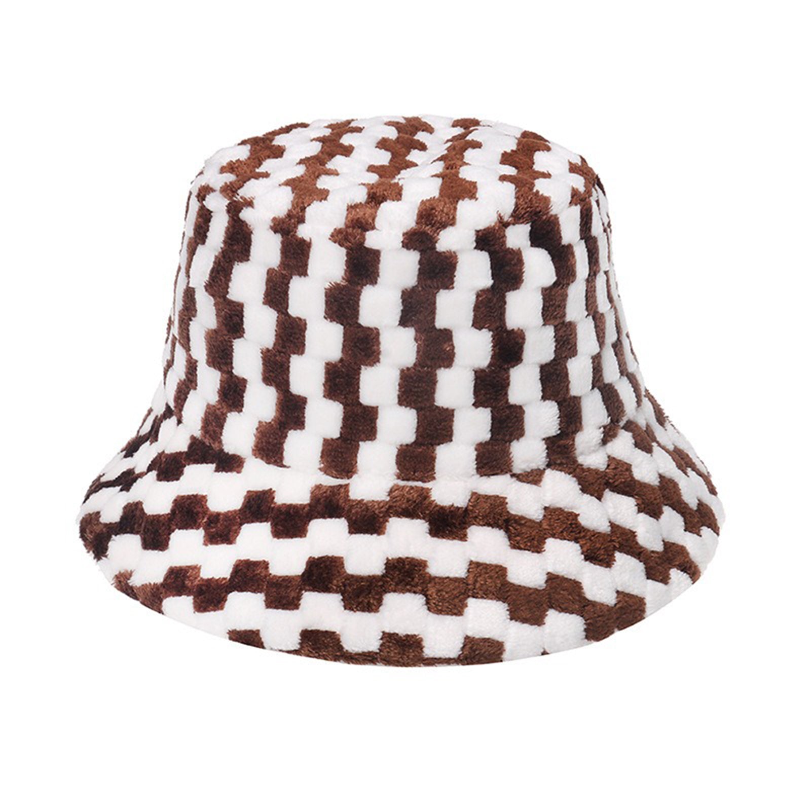 Women's Plaid Faux Fur Bucket Hat Warm Fisherman Hat for Cold Weather