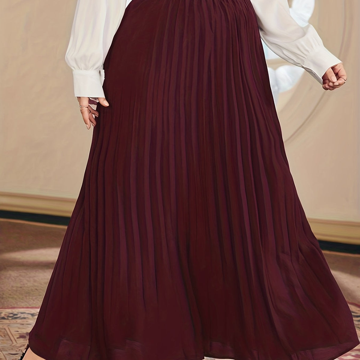 Solid Elastic High Rise Pleated Maxi Skirt Plus Size