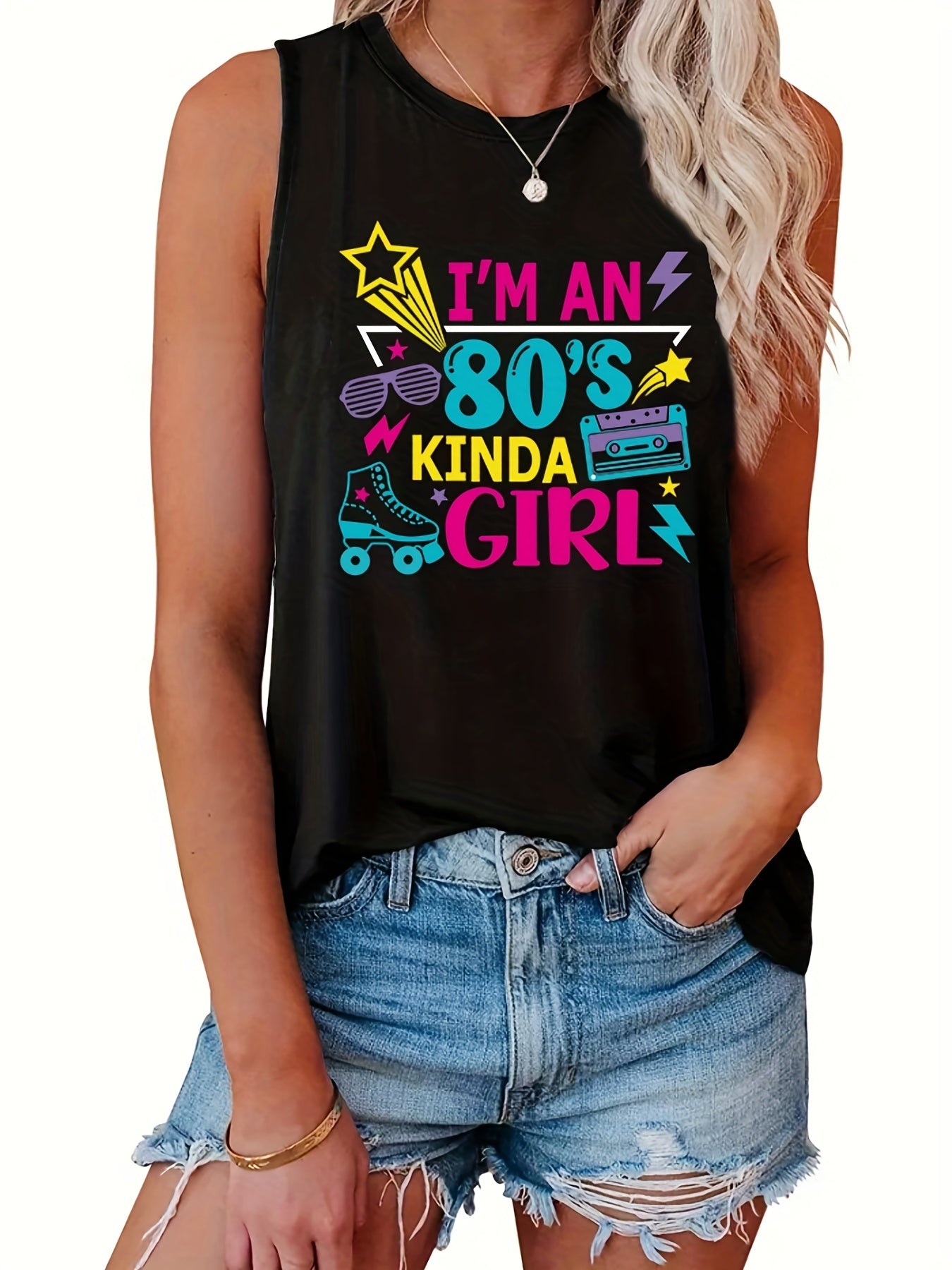 Kinda Girl Print Tank Top Summer Sleeveless Casual Top
