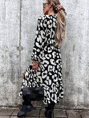  Leopard Print Maxi Dress V Neck Side Split Lantern Sleeve