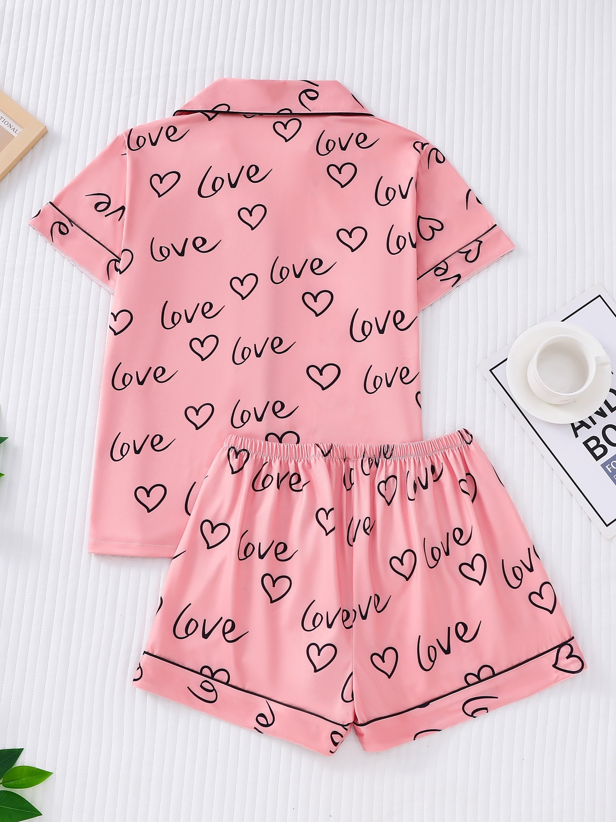 Heart Print Pajama Set Short Sleeve Buttons Top & Elastic Waistband Shorts